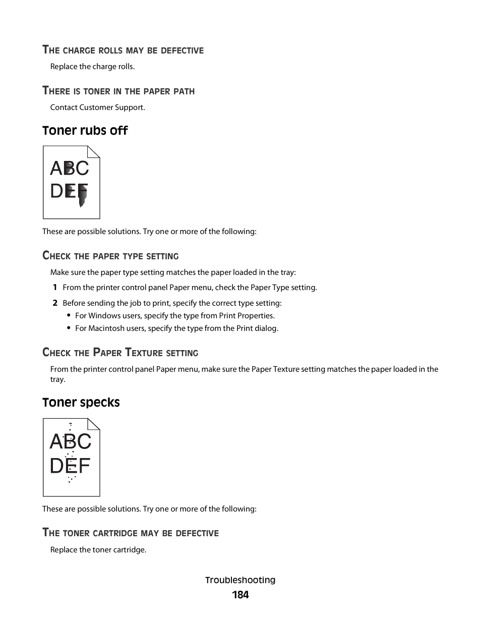 Toner rubs off, Toner specks | Dell 5230dn Mono Laser Printer User Manual | Page 184 / 193