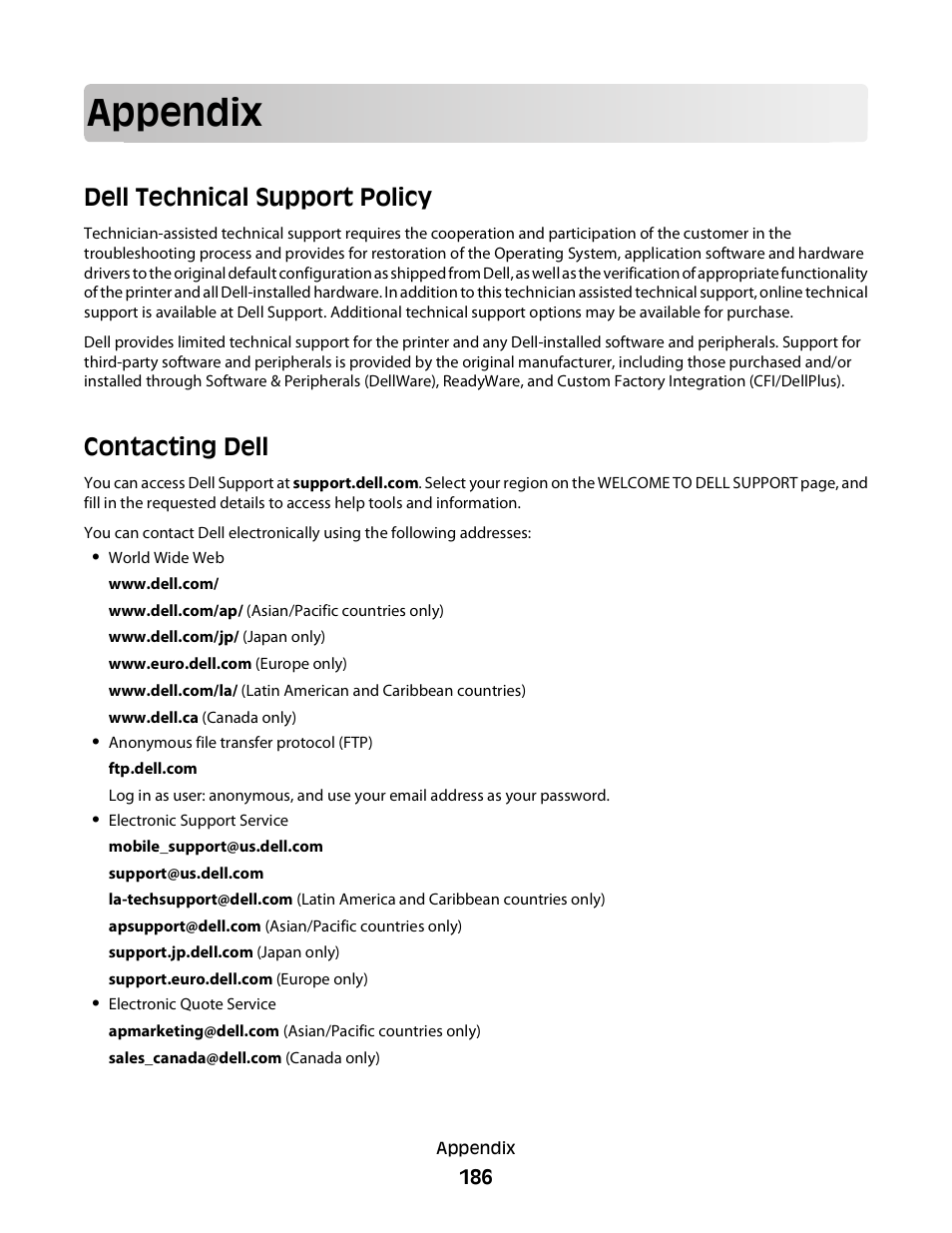 Appendix, Dell technical support policy, Contacting dell | Dell 5230dn Mono Laser Printer User Manual | Page 186 / 193