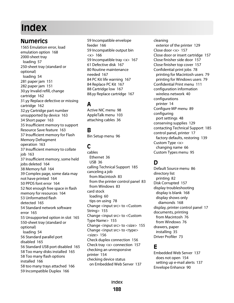 Index, Numerics | Dell 5230dn Mono Laser Printer User Manual | Page 188 / 193