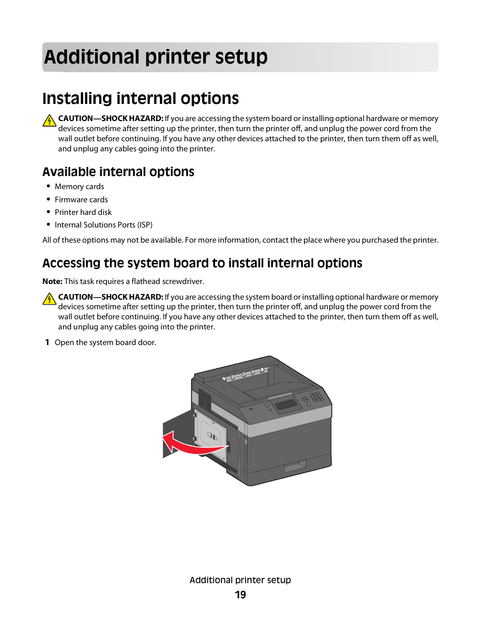 Additional printer setup, Installing internal options, Available internal options | Dell 5230dn Mono Laser Printer User Manual | Page 19 / 193