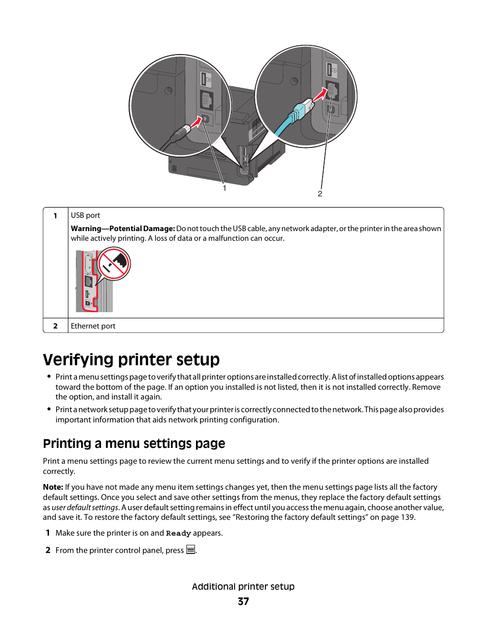 Verifying printer setup, Printing a menu settings page | Dell 5230dn Mono Laser Printer User Manual | Page 37 / 193