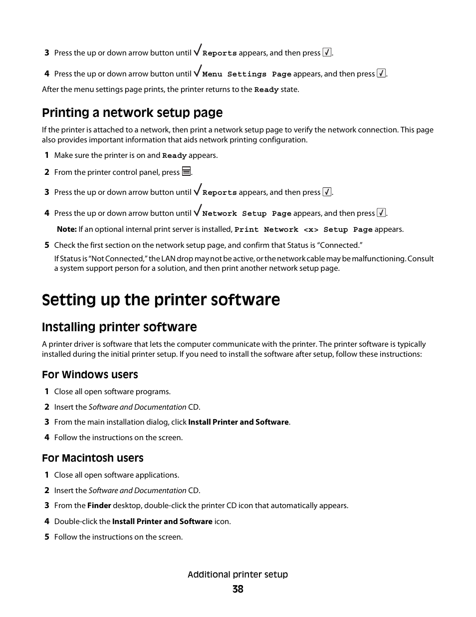 Setting up the printer software, Installing printer software, Printing a network setup page | Dell 5230dn Mono Laser Printer User Manual | Page 38 / 193