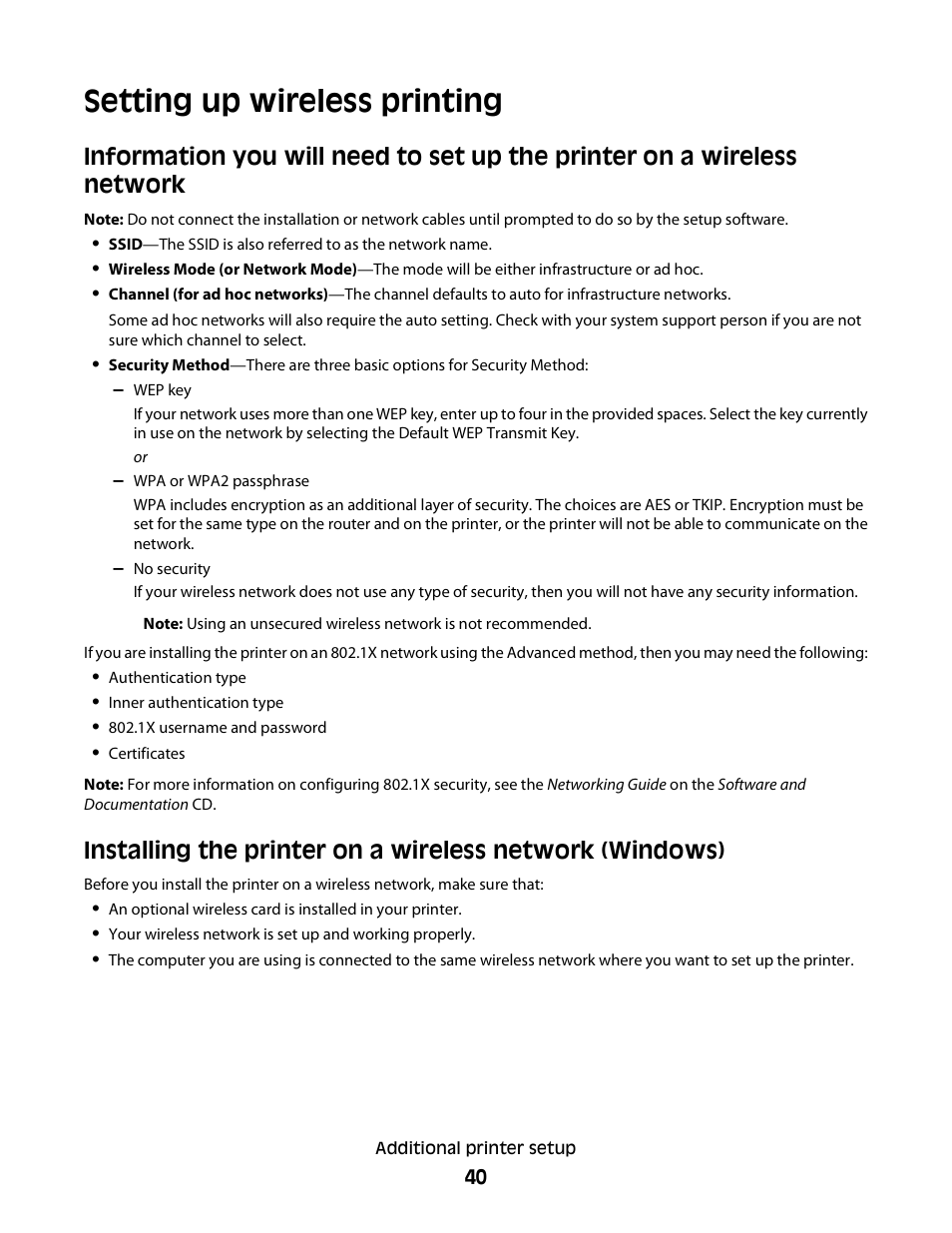 Setting up wireless printing | Dell 5230dn Mono Laser Printer User Manual | Page 40 / 193