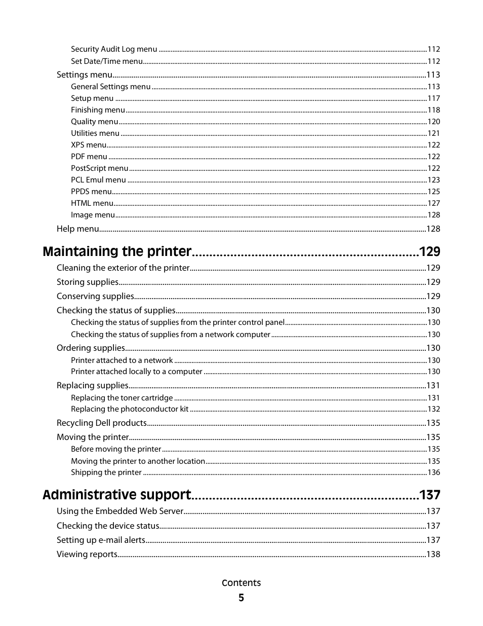 Maintaining the printer, Administrative support | Dell 5230dn Mono Laser Printer User Manual | Page 5 / 193