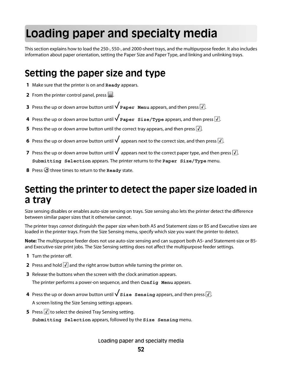 Loading paper and specialty media, Setting the paper size and type | Dell 5230dn Mono Laser Printer User Manual | Page 52 / 193