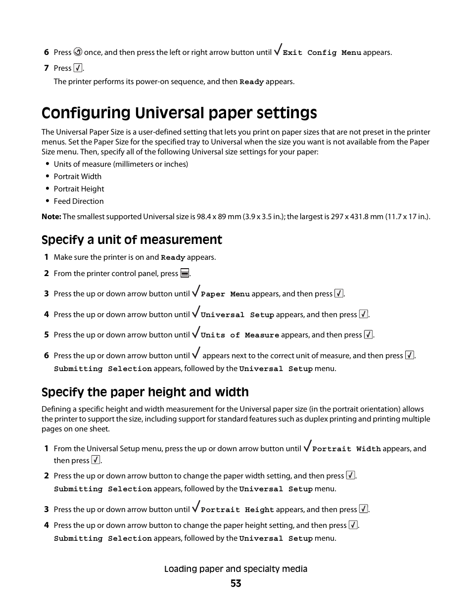 Configuring universal paper settings, Specify a unit of measurement, Specify the paper height and width | Dell 5230dn Mono Laser Printer User Manual | Page 53 / 193