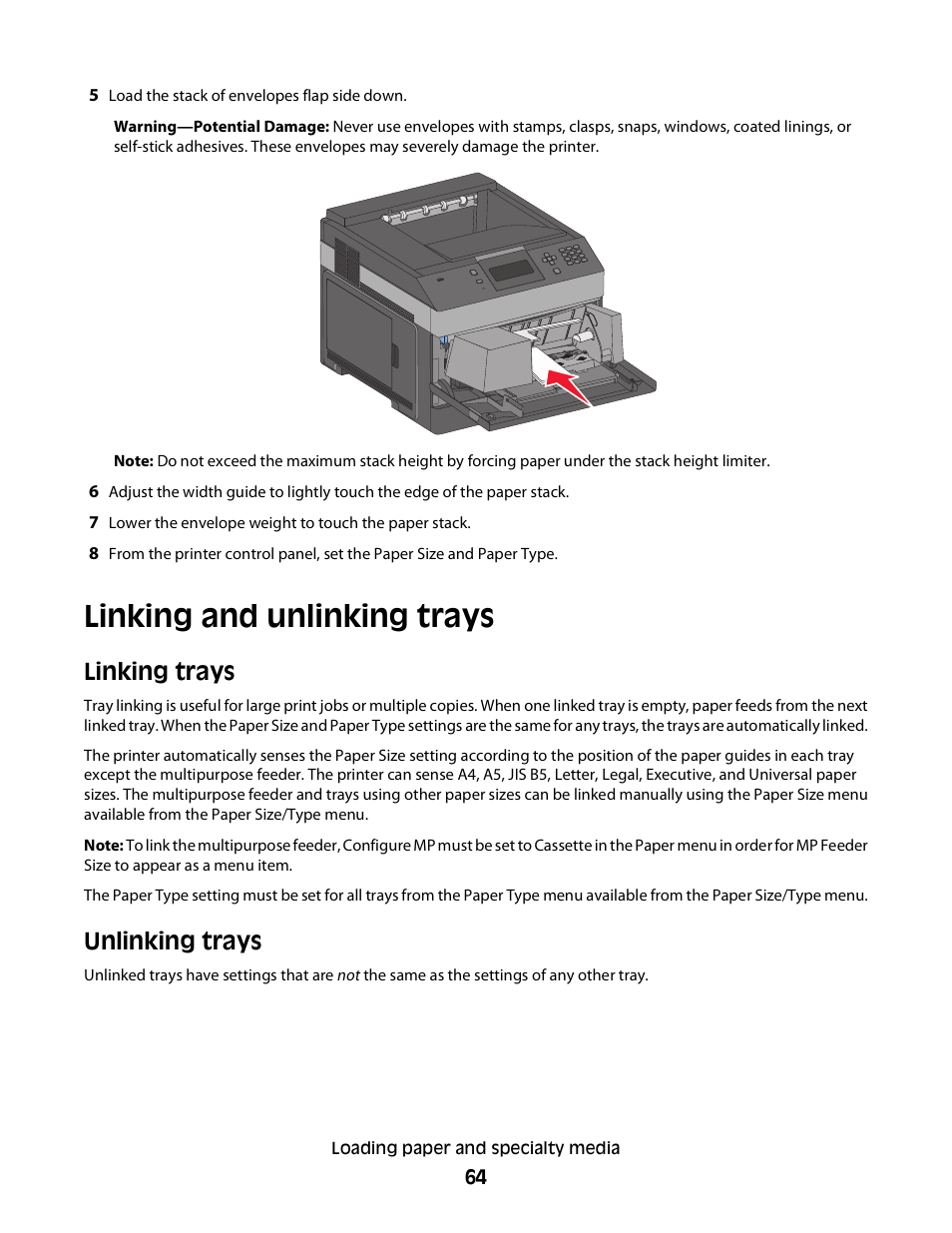 Linking and unlinking trays, Linking trays, Unlinking trays | Dell 5230dn Mono Laser Printer User Manual | Page 64 / 193