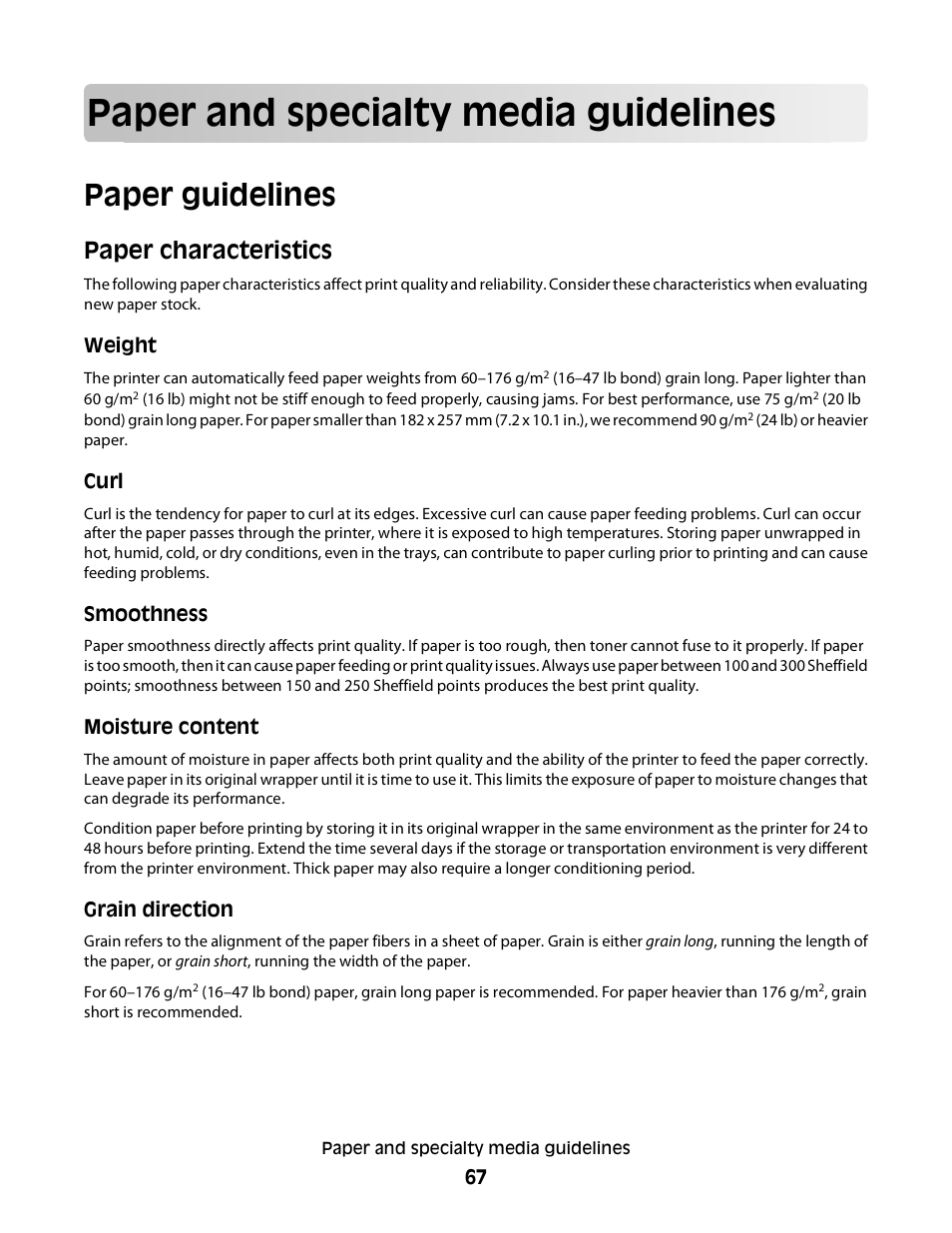 Paper and specialty media guidelines, Paper guidelines, Paper characteristics | Dell 5230dn Mono Laser Printer User Manual | Page 67 / 193