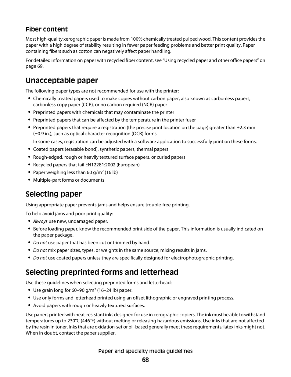 Unacceptable paper, Selecting paper, Selecting preprinted forms and letterhead | Dell 5230dn Mono Laser Printer User Manual | Page 68 / 193