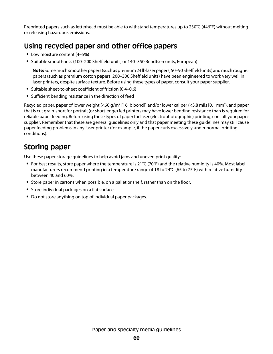 Using recycled paper and other office papers, Storing paper | Dell 5230dn Mono Laser Printer User Manual | Page 69 / 193