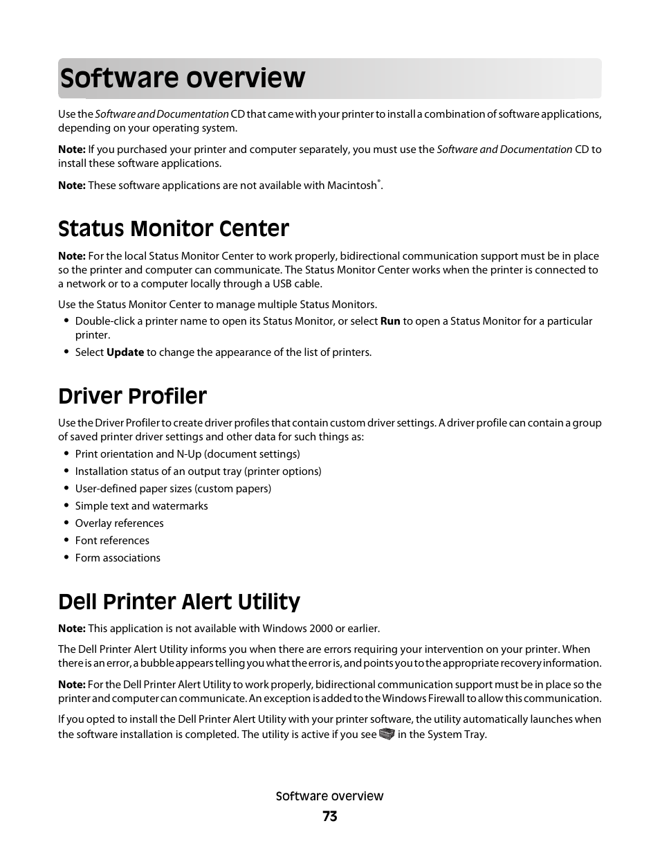 Software overview, Status monitor center, Driver profiler | Dell printer alert utility | Dell 5230dn Mono Laser Printer User Manual | Page 73 / 193