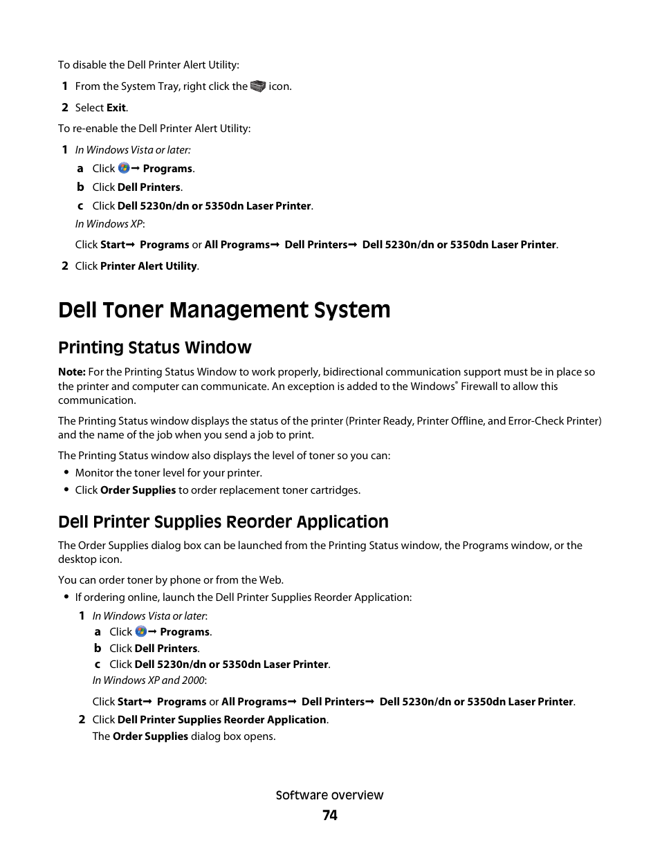 Dell toner management system, Printing status window, Dell printer supplies reorder application | Dell 5230dn Mono Laser Printer User Manual | Page 74 / 193