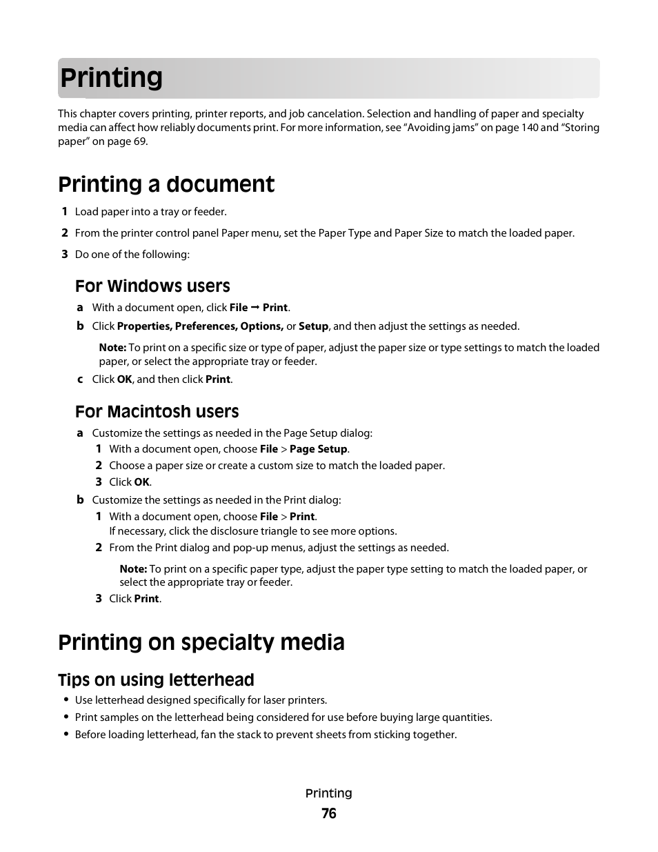 Printing, Printing a document, Printing on specialty media | Tips on using letterhead, For windows users, For macintosh users | Dell 5230dn Mono Laser Printer User Manual | Page 76 / 193