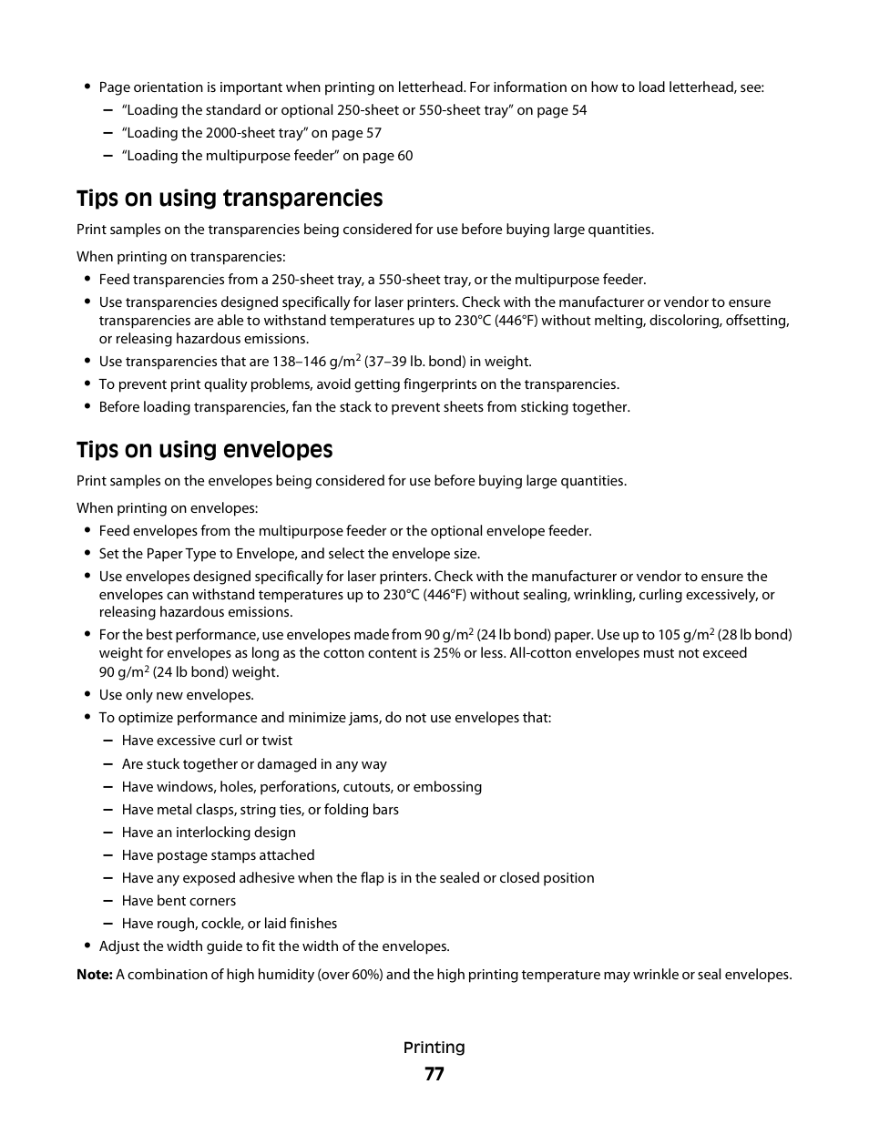 Tips on using transparencies, Tips on using envelopes | Dell 5230dn Mono Laser Printer User Manual | Page 77 / 193