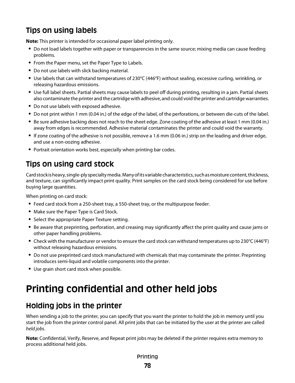 Tips on using labels, Tips on using card stock, Printing confidential and other held jobs | Holding jobs in the printer | Dell 5230dn Mono Laser Printer User Manual | Page 78 / 193