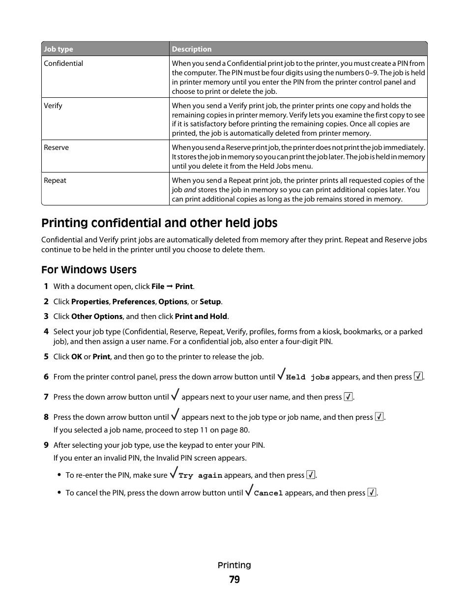 Printing confidential and other held jobs | Dell 5230dn Mono Laser Printer User Manual | Page 79 / 193