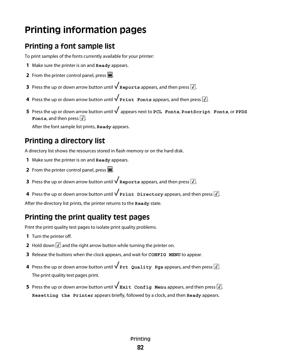 Printing a font sample list, Printing a directory list, Printing information pages | Printing the print quality test pages | Dell 5230dn Mono Laser Printer User Manual | Page 82 / 193