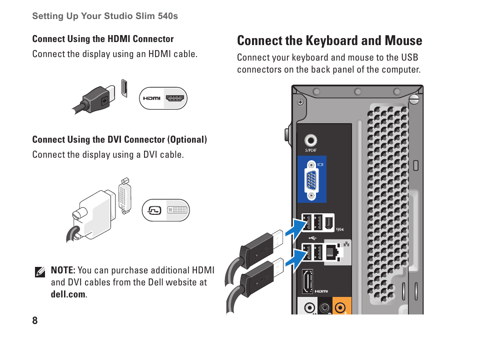 Connect the keyboard and mouse | Dell Studio Slim D540S (Late 2008) User Manual | Page 10 / 60