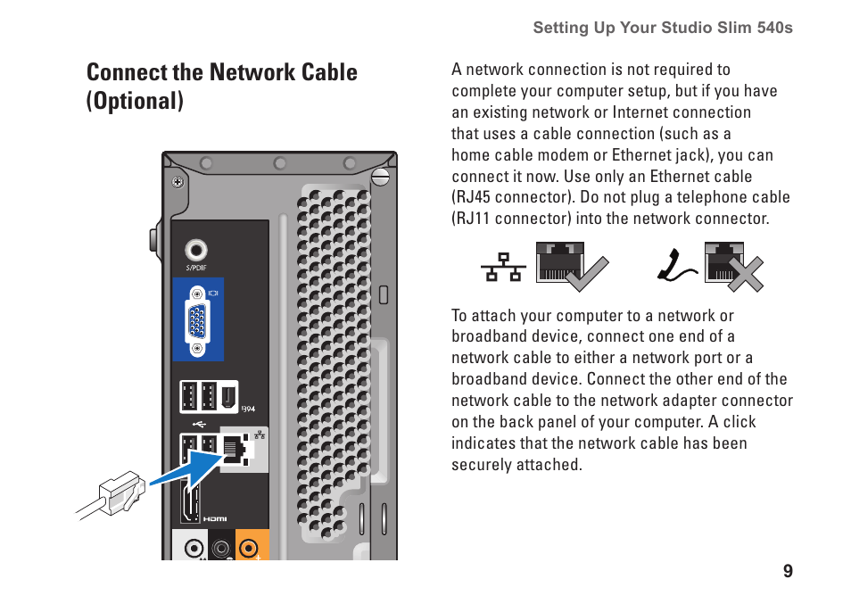 Connect the network cable (optional) | Dell Studio Slim D540S (Late 2008) User Manual | Page 11 / 60