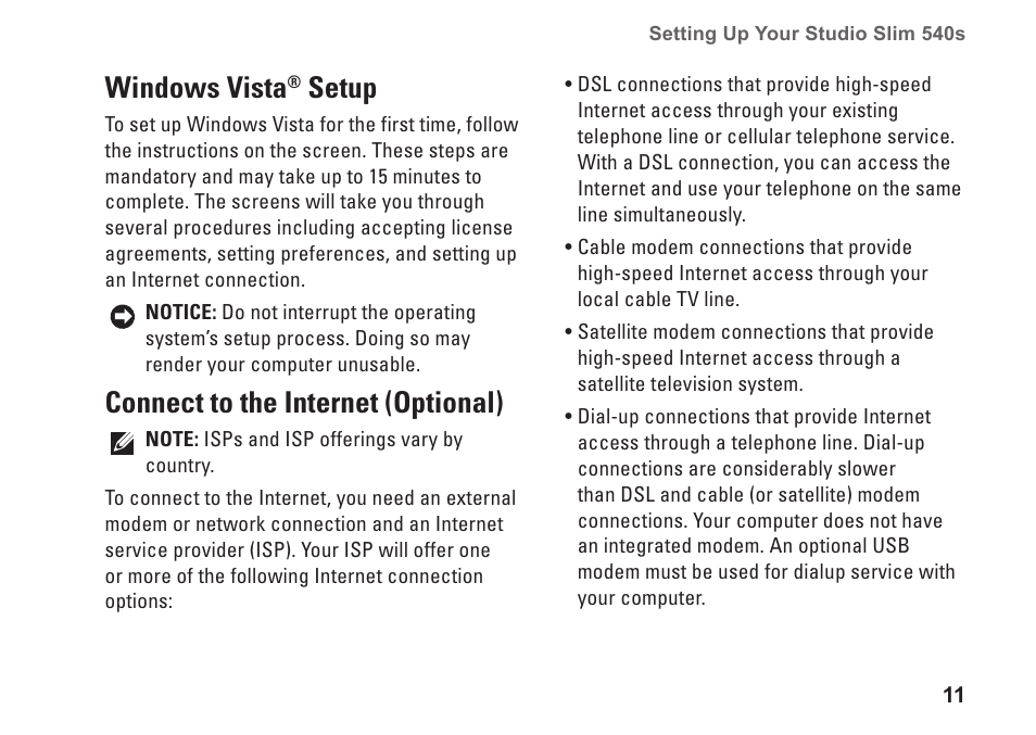 Windows vista® setup, Connect to the internet (optional), Windows vista | Setup | Dell Studio Slim D540S (Late 2008) User Manual | Page 13 / 60