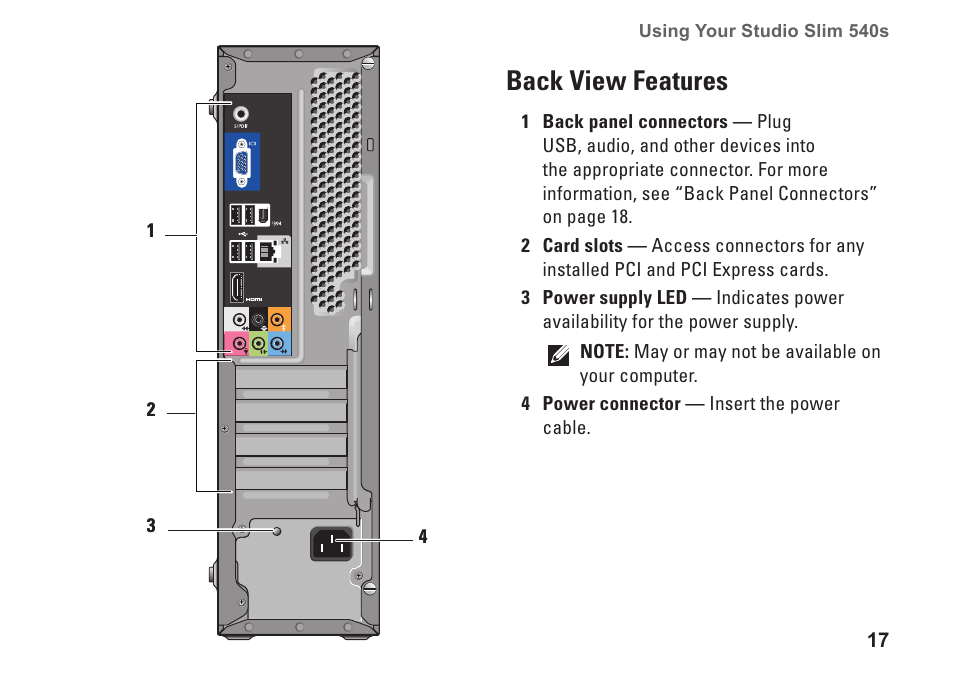 Back view features | Dell Studio Slim D540S (Late 2008) User Manual | Page 19 / 60