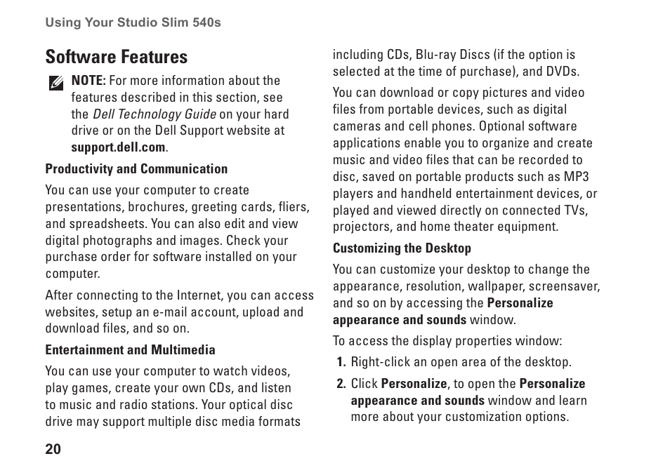 Software features | Dell Studio Slim D540S (Late 2008) User Manual | Page 22 / 60