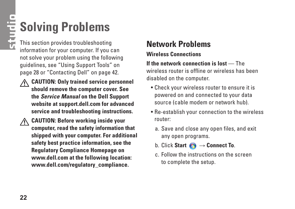 Solving problems, Network problems | Dell Studio Slim D540S (Late 2008) User Manual | Page 24 / 60