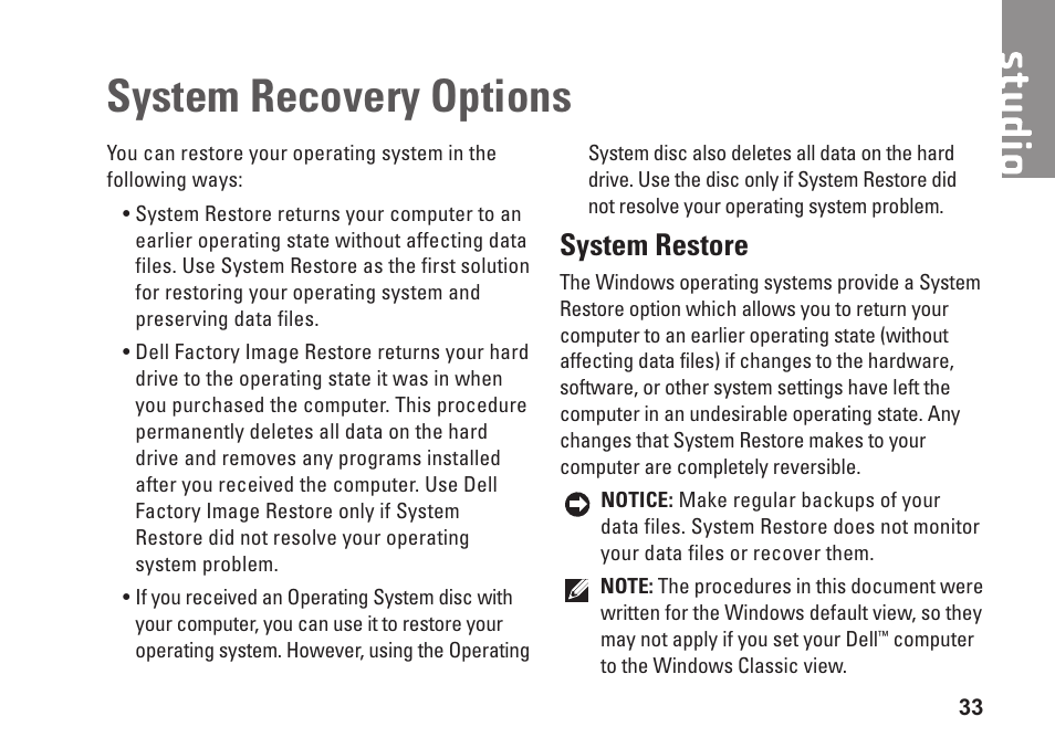 System recovery options, System restore | Dell Studio Slim D540S (Late 2008) User Manual | Page 35 / 60