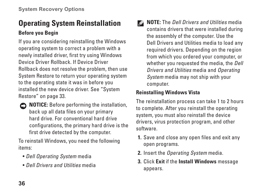 Operating system reinstallation | Dell Studio Slim D540S (Late 2008) User Manual | Page 38 / 60