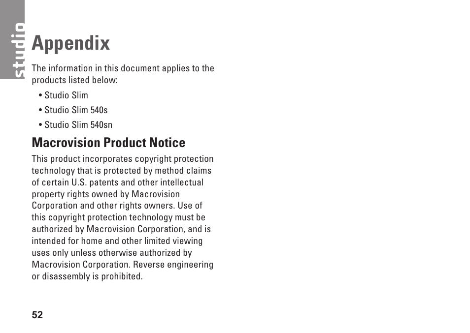 Appendix, Macrovision product notice | Dell Studio Slim D540S (Late 2008) User Manual | Page 54 / 60