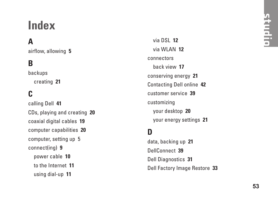 Index | Dell Studio Slim D540S (Late 2008) User Manual | Page 55 / 60