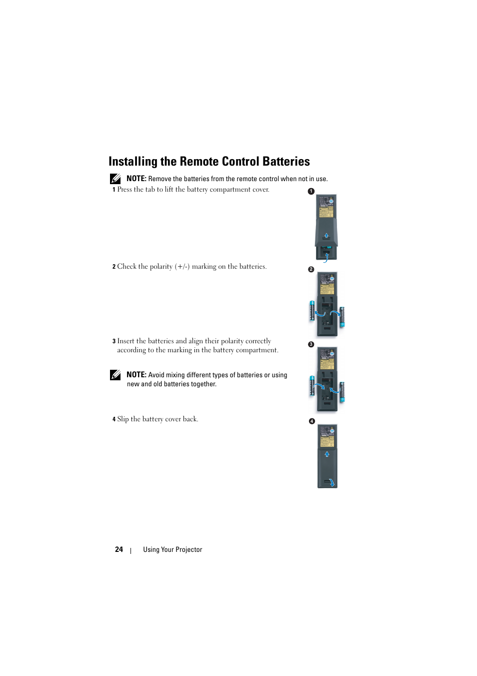 Installing the remote control batteries | Dell M210X Projector User Manual | Page 24 / 60