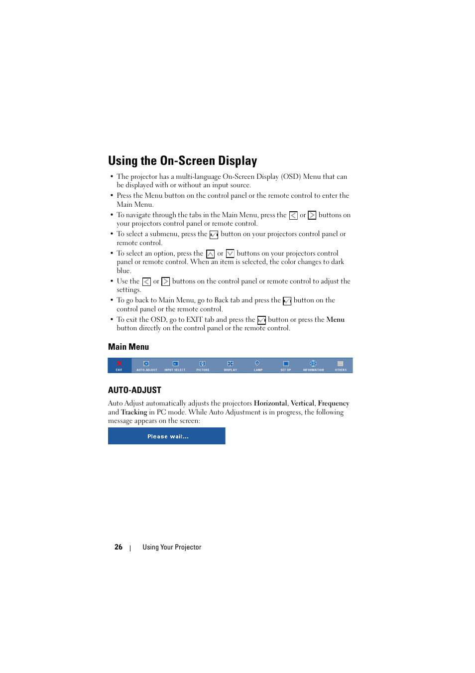 Using the on-screen display, Main menu, Auto-adjust | Dell M210X Projector User Manual | Page 26 / 60