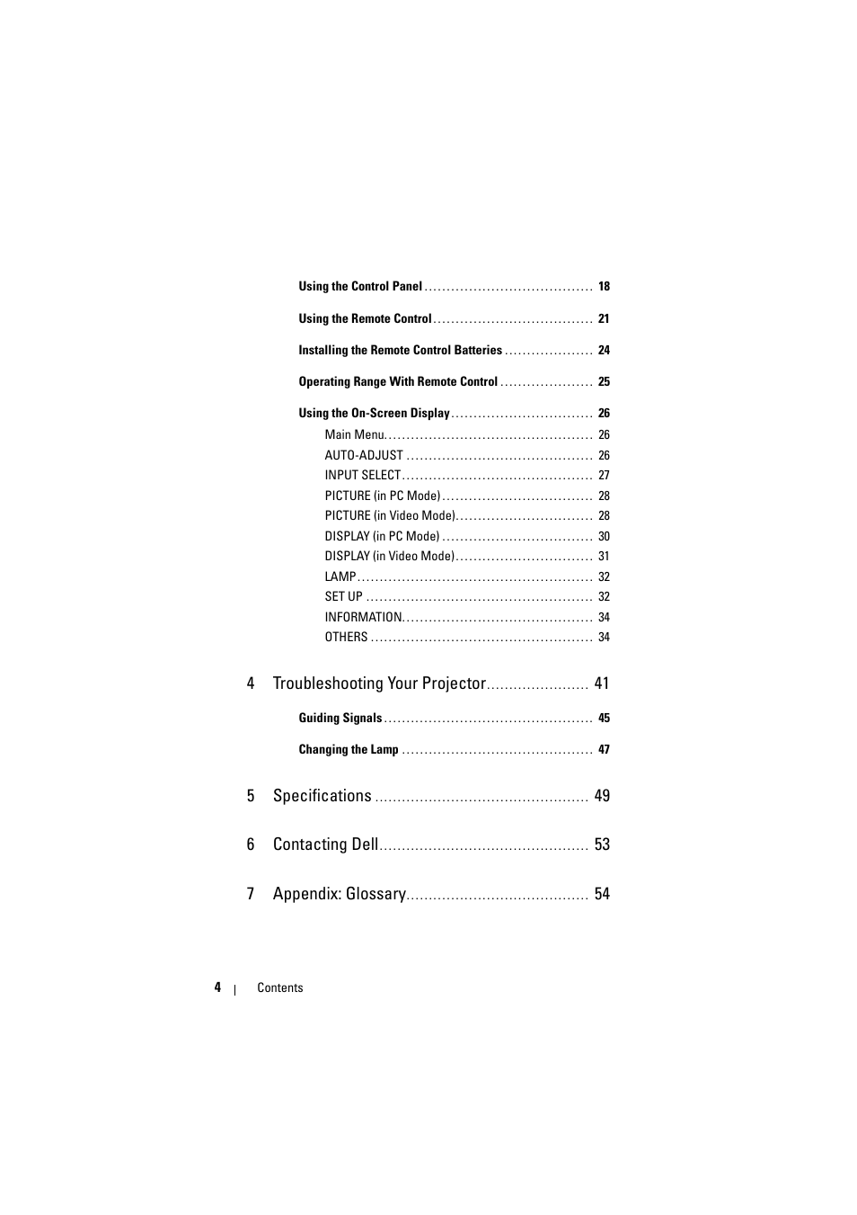 4 troubleshooting your projector 41, 5 specifications 49, 6 contacting dell 53 | 7 appendix: glossary 54, 4 troubleshooting your projector, 5 specifications, 49 6 contacting dell, 53 7 appendix: glossary | Dell M210X Projector User Manual | Page 4 / 60