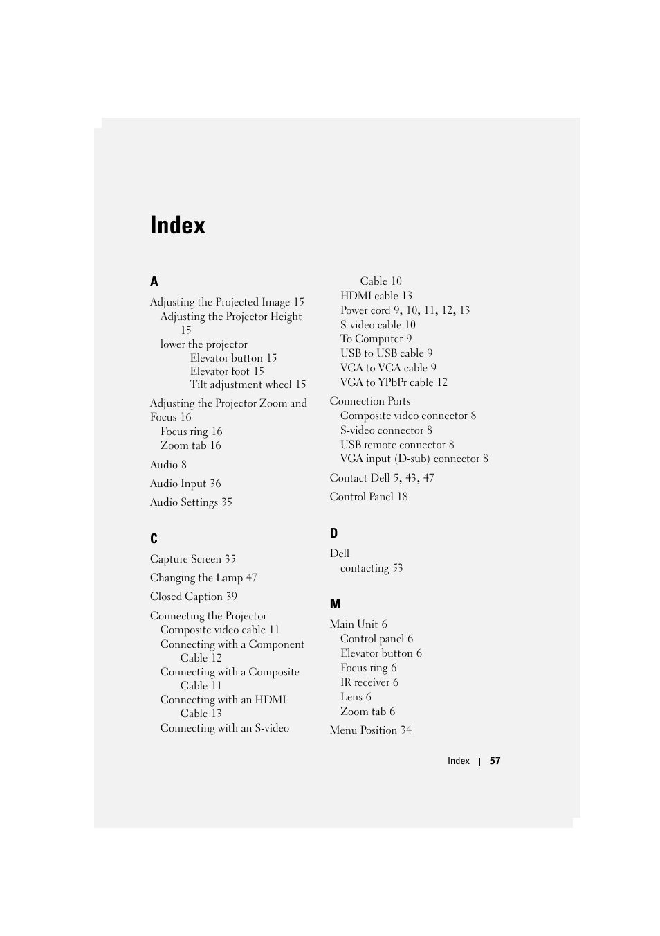 Index | Dell M210X Projector User Manual | Page 58 / 60