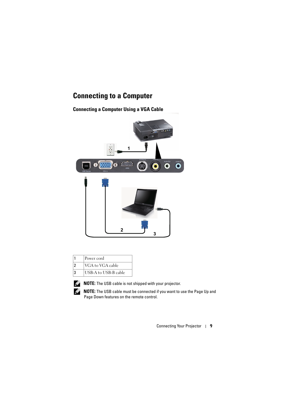 Connecting to a computer, Connecting a computer using a vga cable | Dell M210X Projector User Manual | Page 9 / 60