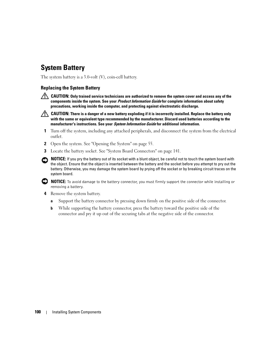 System battery, Replacing the system battery | Dell PowerEdge 2970 User Manual | Page 100 / 188