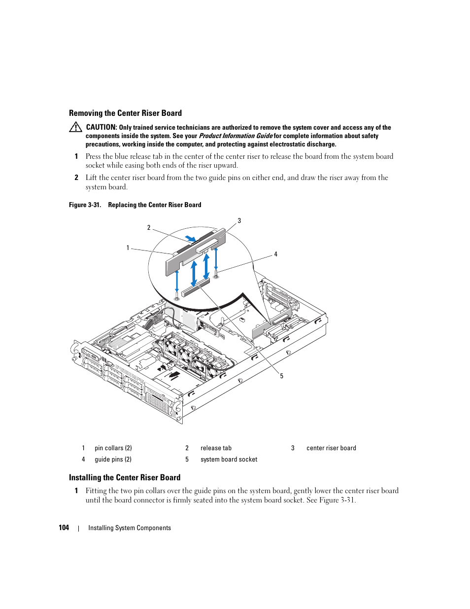 Removing the center riser board, Installing the center riser board | Dell PowerEdge 2970 User Manual | Page 104 / 188