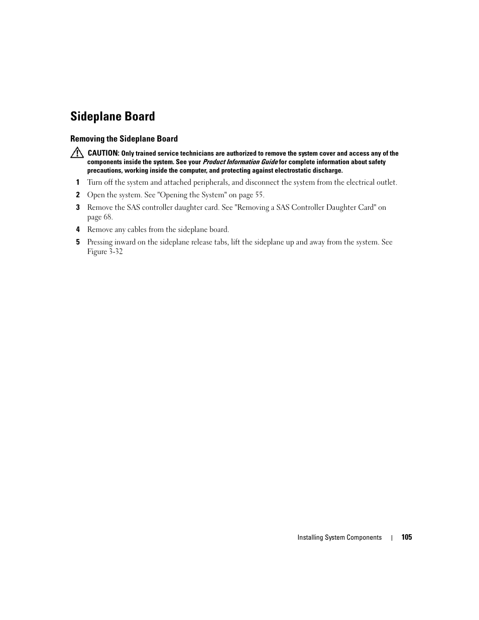 Sideplane board, Removing the sideplane board | Dell PowerEdge 2970 User Manual | Page 105 / 188