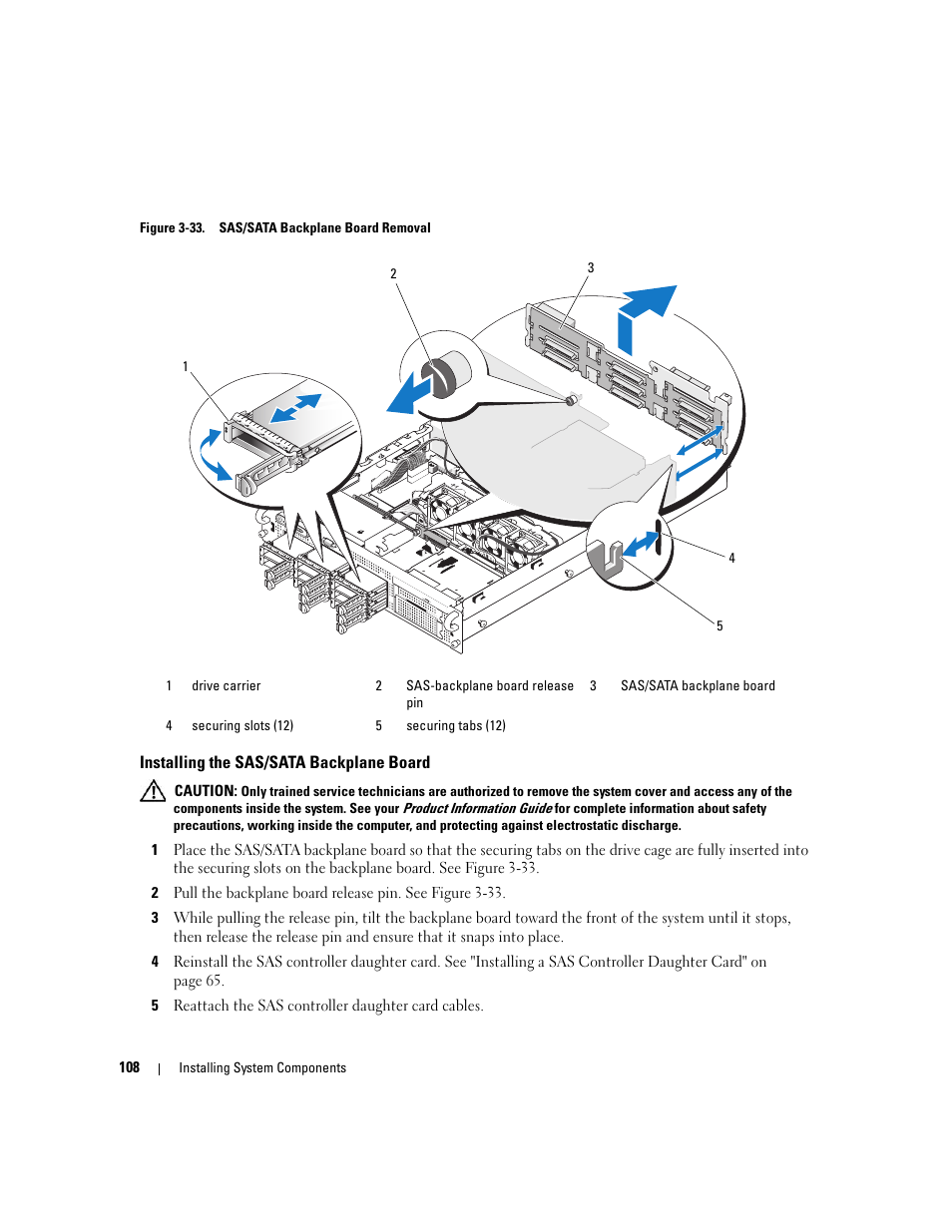 Installing the sas/sata backplane board, Lease pin. see figure 3-33 | Dell PowerEdge 2970 User Manual | Page 108 / 188