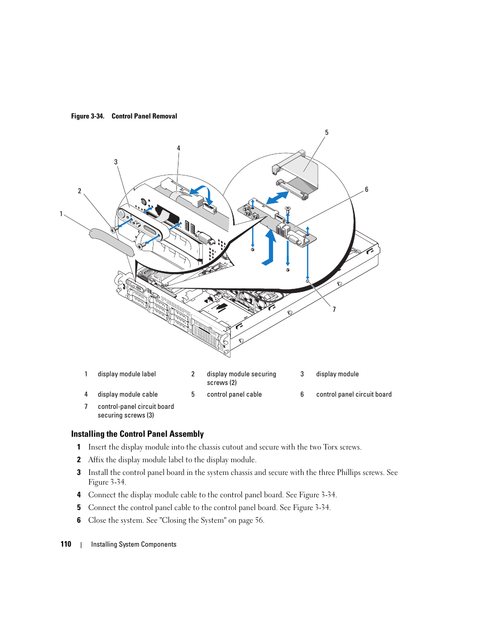 Installing the control panel assembly, D. see figure 3-34 | Dell PowerEdge 2970 User Manual | Page 110 / 188