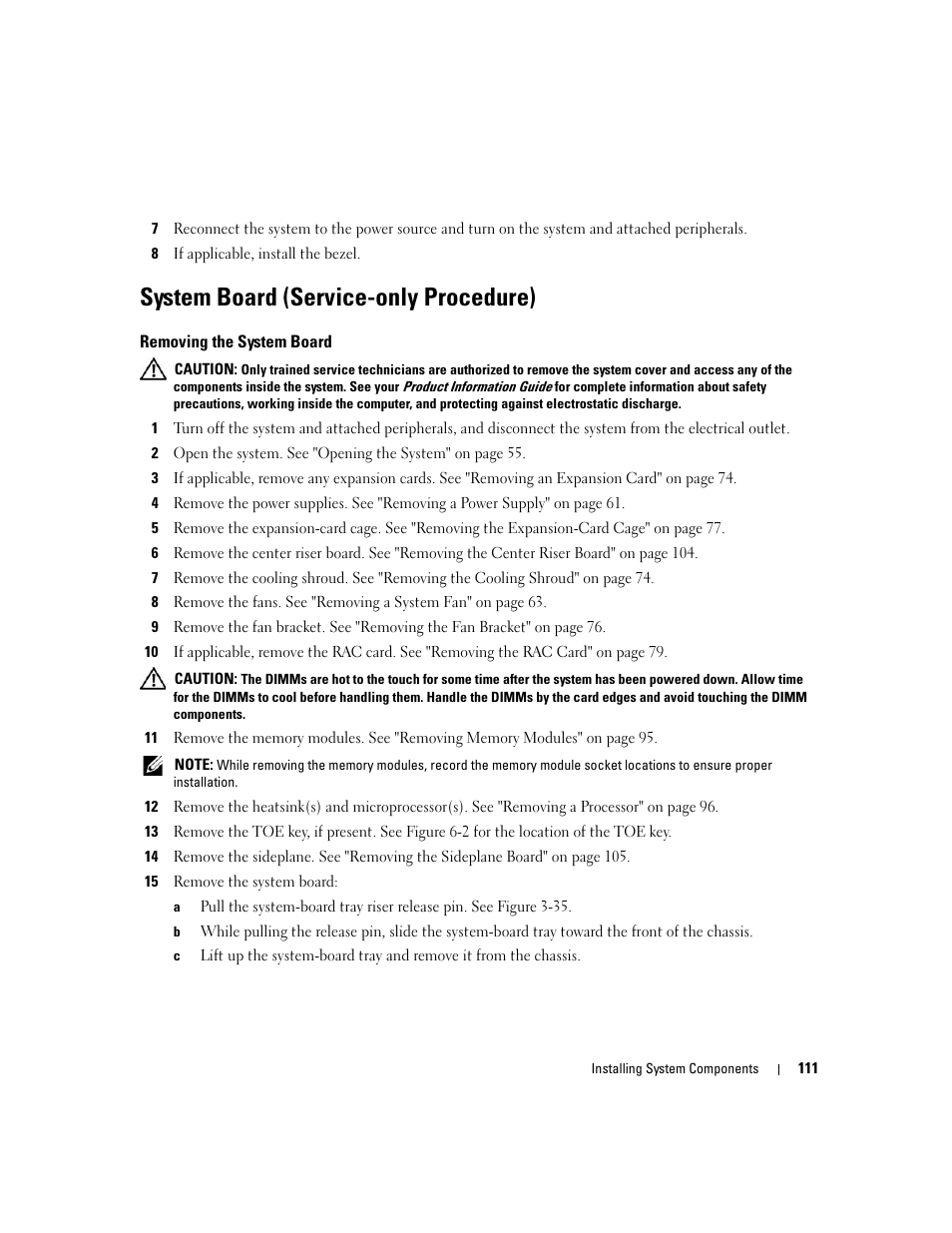 System board (service-only procedure), Removing the system board | Dell PowerEdge 2970 User Manual | Page 111 / 188