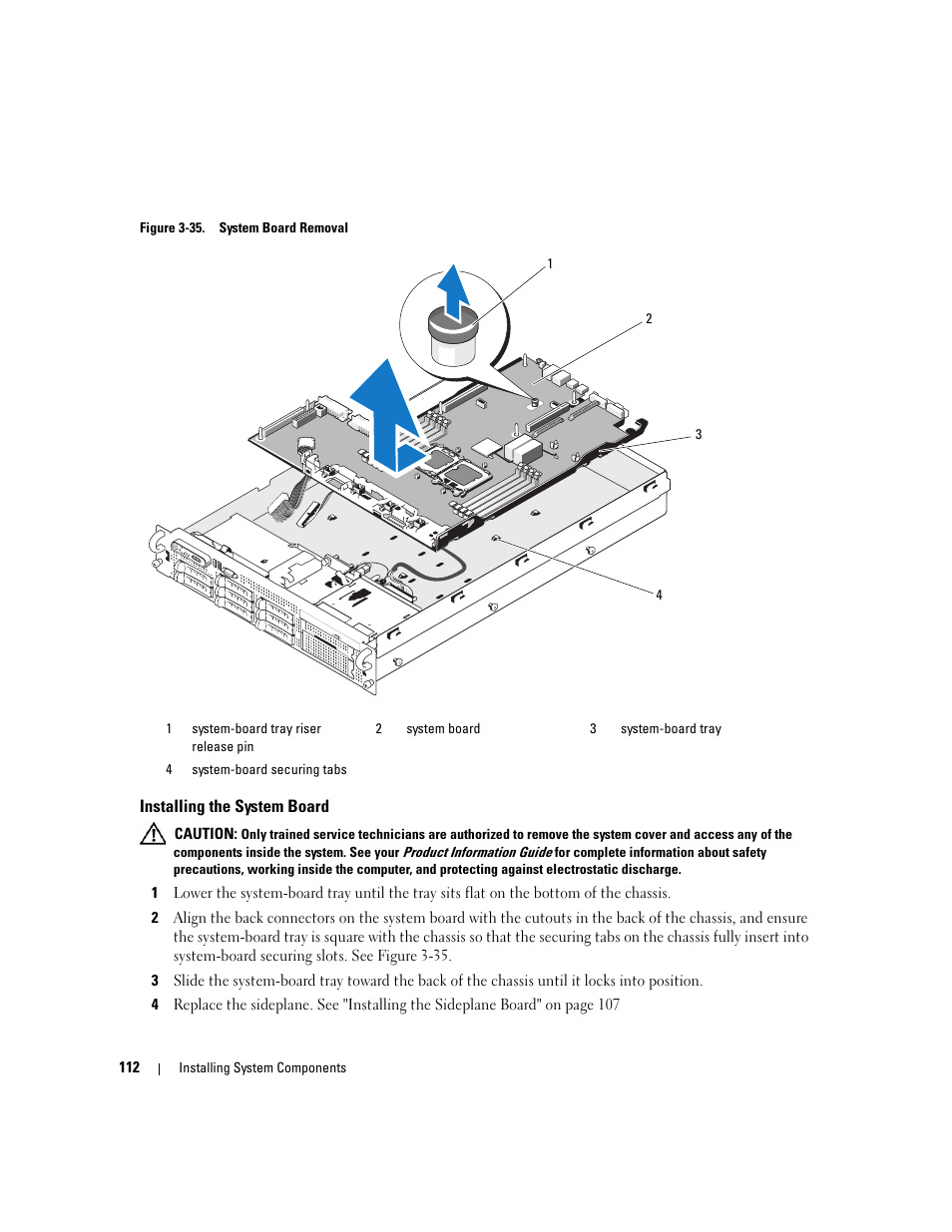 Installing the system board, Lease pin. see figure 3-35 | Dell PowerEdge 2970 User Manual | Page 112 / 188