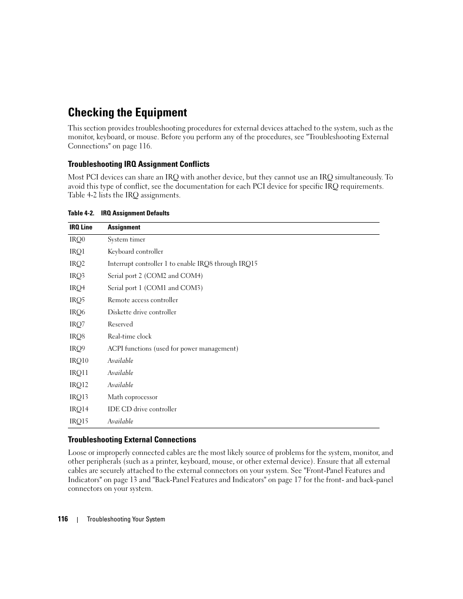 Checking the equipment, Troubleshooting irq assignment conflicts, Troubleshooting external connections | Dell PowerEdge 2970 User Manual | Page 116 / 188