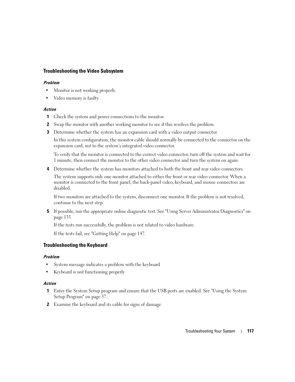 Troubleshooting the video subsystem, Troubleshooting the keyboard | Dell PowerEdge 2970 User Manual | Page 117 / 188