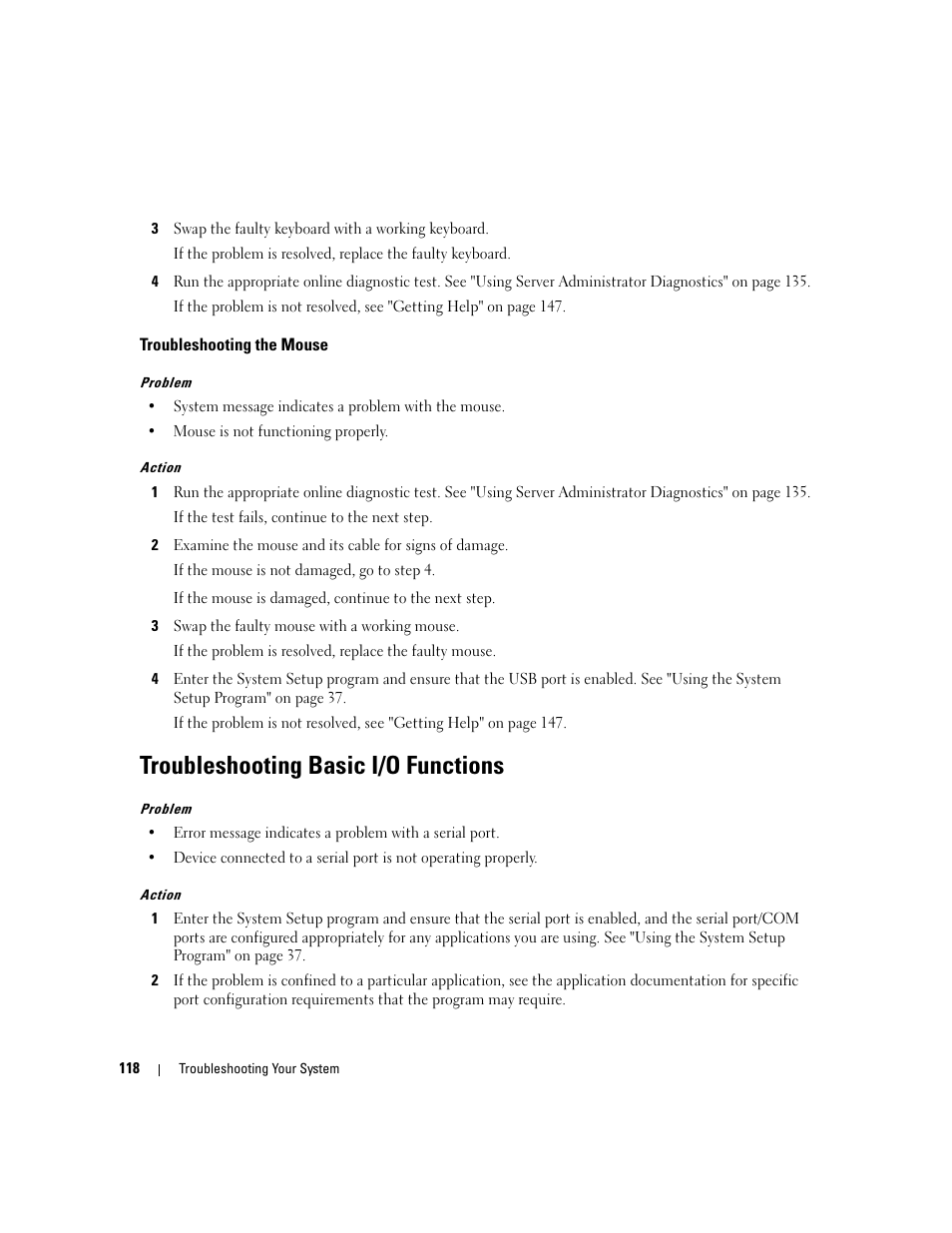 Troubleshooting the mouse, Troubleshooting basic i/o functions | Dell PowerEdge 2970 User Manual | Page 118 / 188