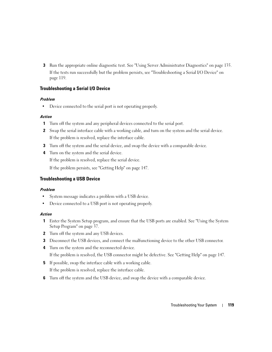 Troubleshooting a serial i/o device, Troubleshooting a usb device | Dell PowerEdge 2970 User Manual | Page 119 / 188