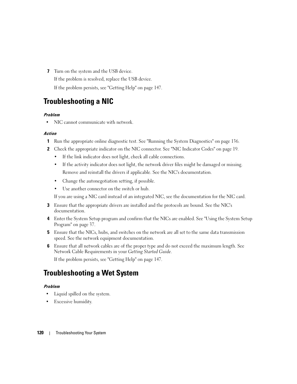 Troubleshooting a nic, Troubleshooting a wet system | Dell PowerEdge 2970 User Manual | Page 120 / 188
