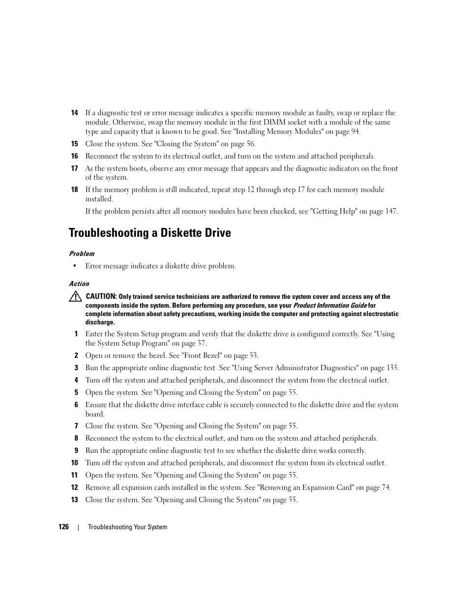 Troubleshooting a diskette drive | Dell PowerEdge 2970 User Manual | Page 126 / 188