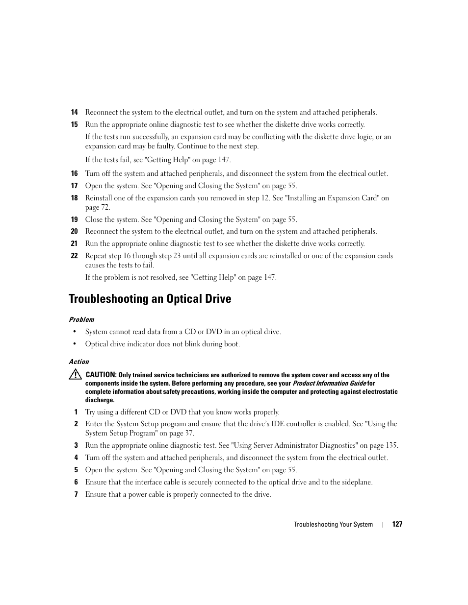 Troubleshooting an optical drive | Dell PowerEdge 2970 User Manual | Page 127 / 188